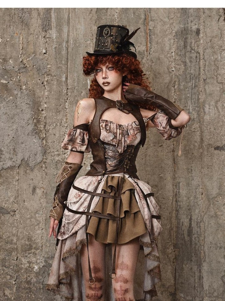 BLOOD SUPPLY Birdcage Steampunk Retro Design Women's Distressed Pu Corsets
