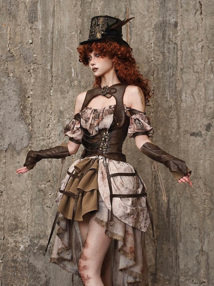 BLOOD SUPPLY Birdcage Steampunk Retro Design Women's Distressed Pu Corsets