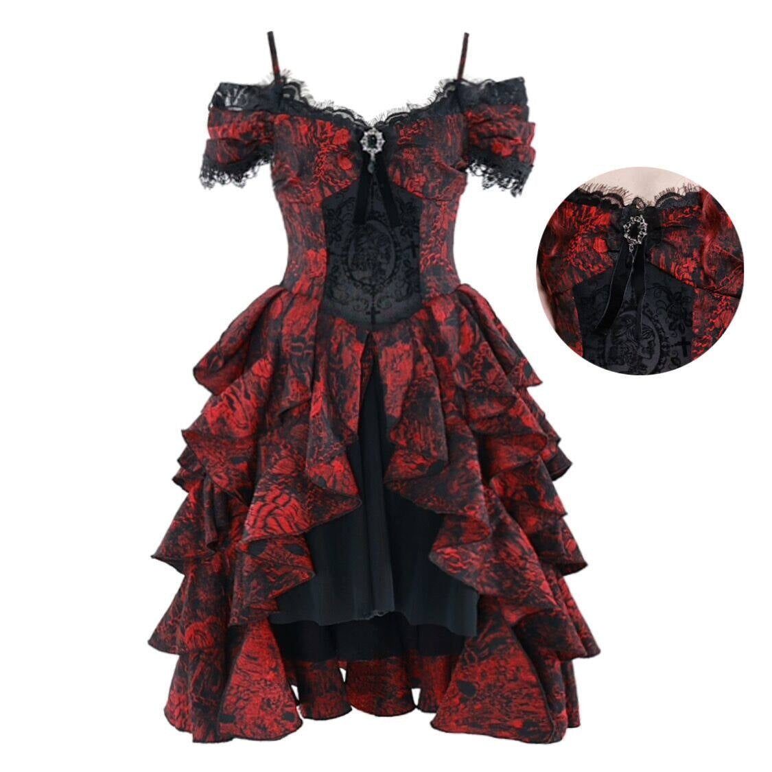 BLOOD_SUPPLY_Black_Red_Brocade_Gothic_Off_Shoulder_Women's_Polyester_Jsk_/_Jumper_Skirts_675782055349_MISSTT