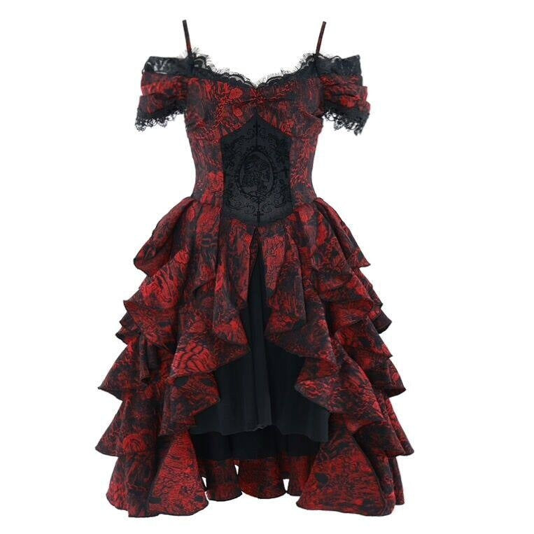 BLOOD_SUPPLY_Black_Red_Brocade_Gothic_Off_Shoulder_Women's_Polyester_Jsk_/_Jumper_Skirts_675782055349_MISSTT