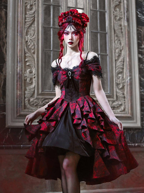BLOOD SUPPLY Black Red Brocade Gothic Off Shoulder Women's Polyester Jsk / Jumper Skirts