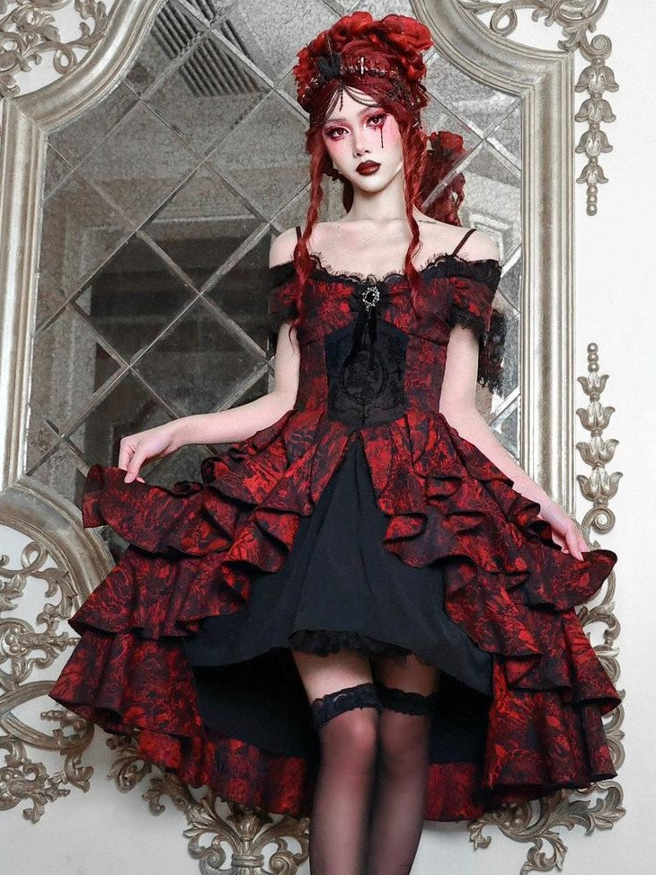 BLOOD SUPPLY Black Red Brocade Gothic Off Shoulder Women's Polyester Jsk / Jumper Skirts