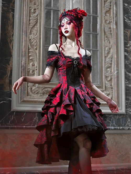 BLOOD SUPPLY Black Red Brocade Gothic Off Shoulder Women's Polyester Jsk / Jumper Skirts