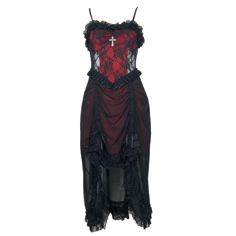 BLOOD_SUPPLY_Black_Red_Gothic_Drawstring_Lace_Ruffle_Women's_Jsk_/_Jumper_Skirts_655656009886_MISSTT