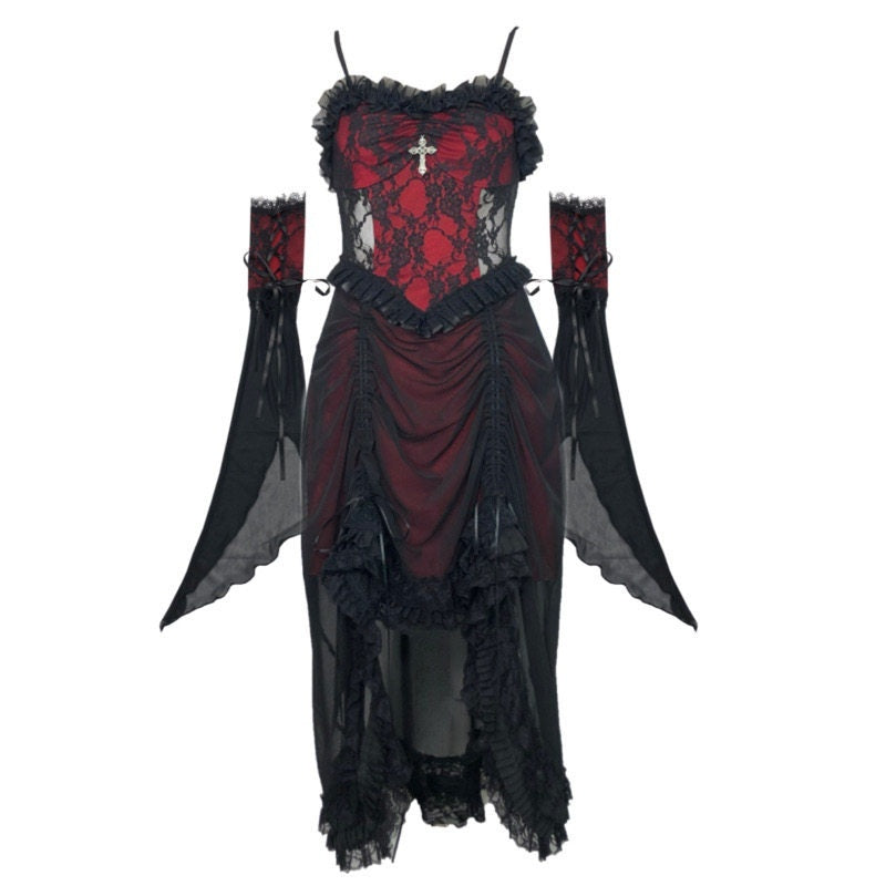 BLOOD_SUPPLY_Black_Red_Gothic_Drawstring_Lace_Ruffle_Women's_Jsk_/_Jumper_Skirts_655656009886_MISSTT
