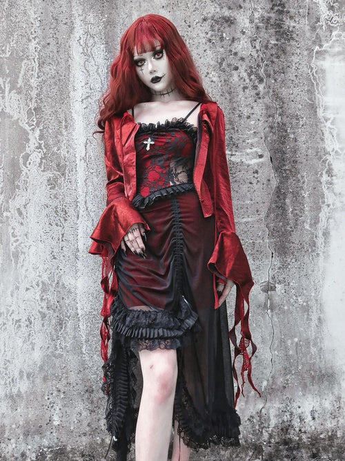 BLOOD SUPPLY Black Red Gothic Drawstring Lace Ruffle Women's Jsk / Jumper Skirts