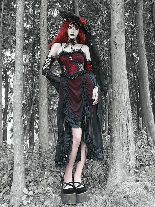 BLOOD SUPPLY Black Red Gothic Drawstring Lace Ruffle Women's Jsk / Jumper Skirts
