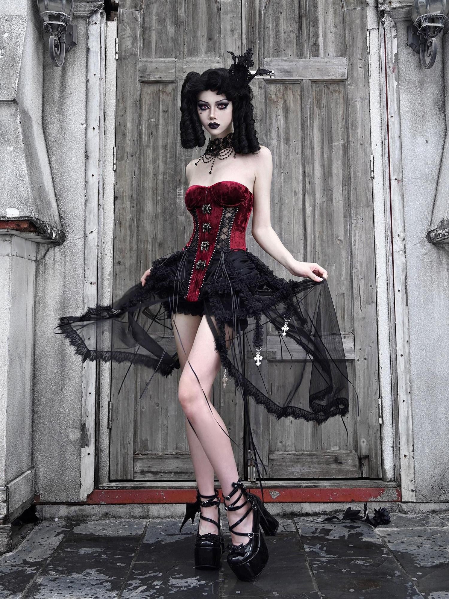 BLOOD SUPPLY Black Red Gothic Heavy Boned Lace Up Cage Women's Polyester Bustiers
