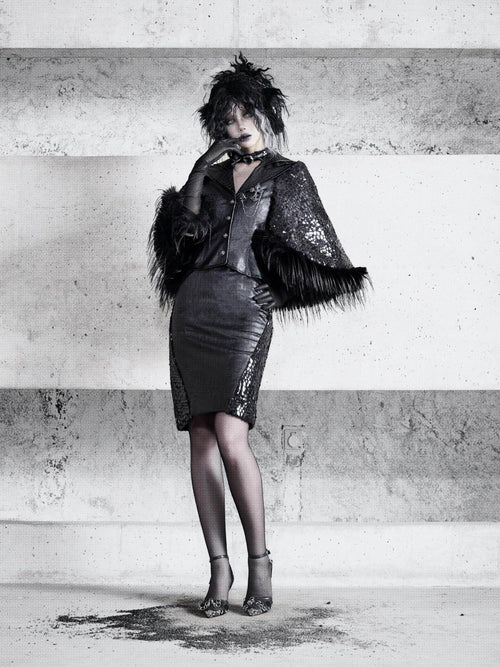 BLOOD SUPPLY Black Serpent Eye Gothic Crack Texture A Line Back Slit Women's Pu Skirts