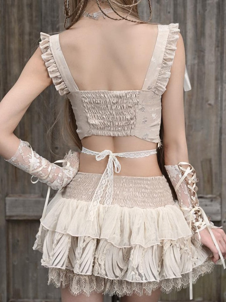 BLOOD SUPPLY Broken Ballet Jacquard Lace Tiered Bow Elastic Waist Women's Polyester Skirts