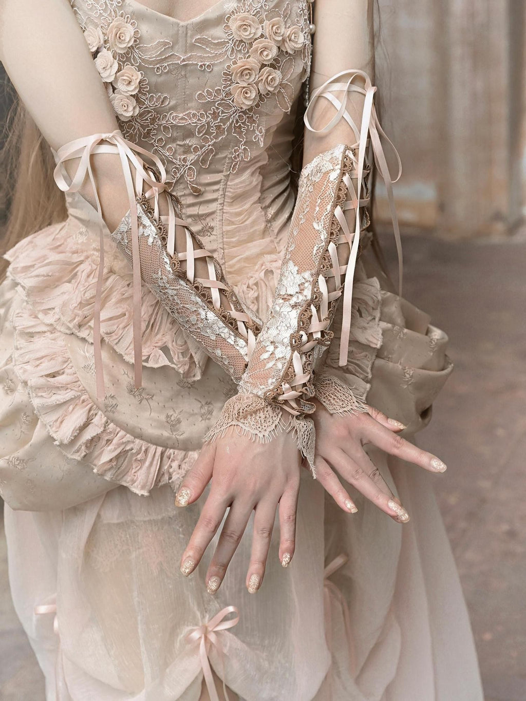 BLOOD SUPPLY Broken Ballet Rococo Adjustable Lace Up Women's Platinum Lace Wrist Cuffs