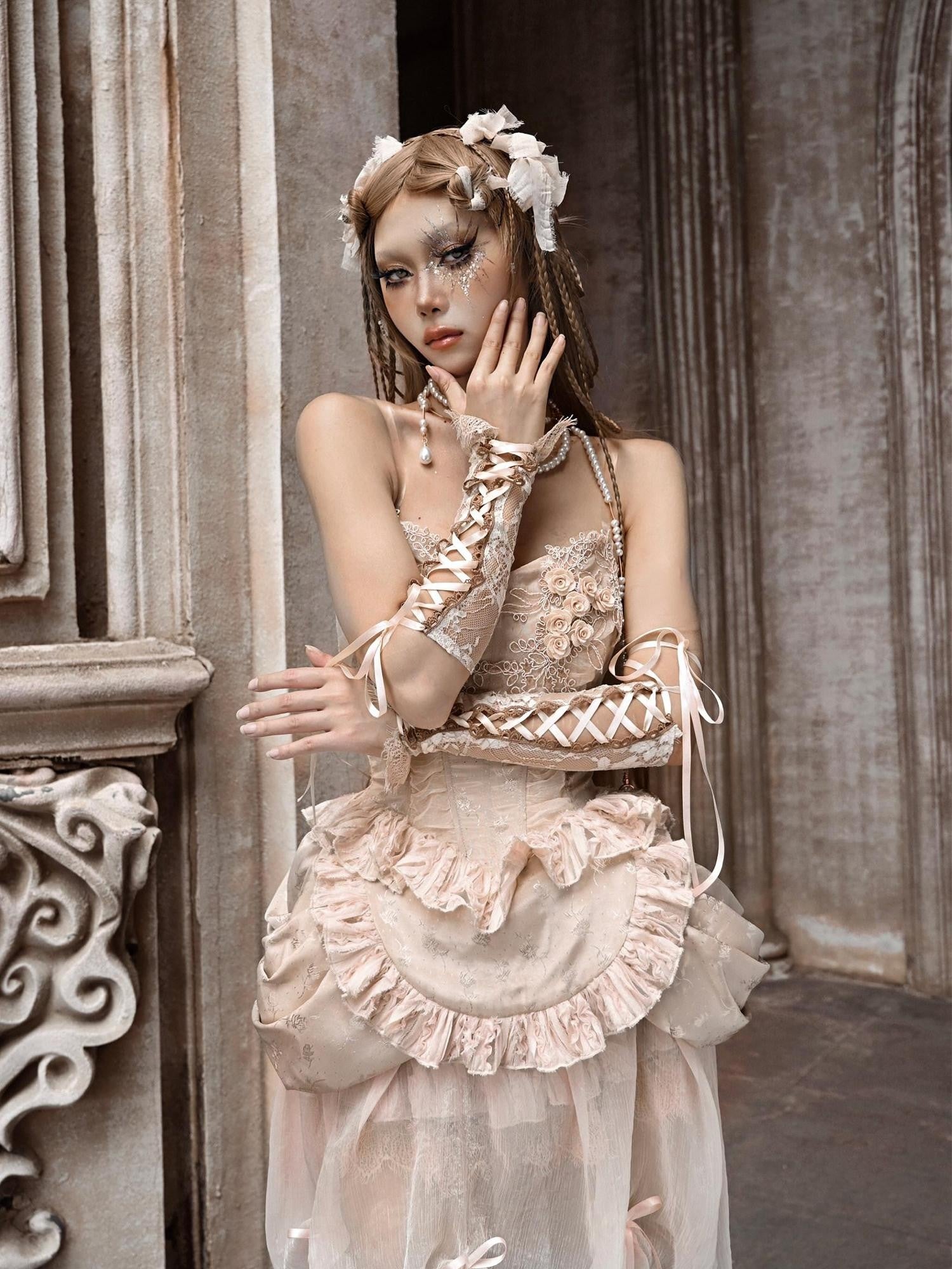 BLOOD SUPPLY Broken Ballet Rococo Adjustable Lace Up Women's Platinum Lace Wrist Cuffs