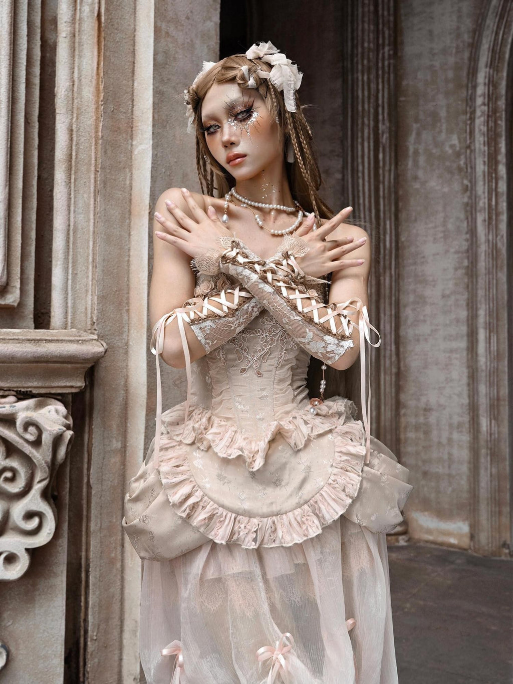 BLOOD SUPPLY Broken Ballet Rococo Adjustable Lace Up Women's Platinum Lace Wrist Cuffs