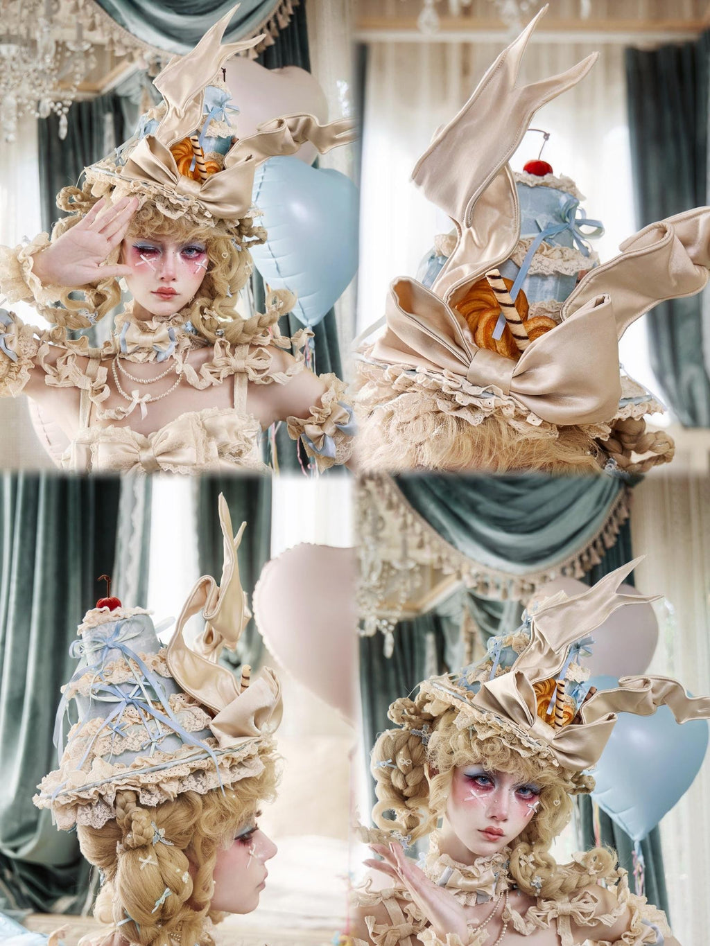 BLOOD SUPPLY Cherry Mousse Rococo Retro Cream Embellished Women's Polyester Half Bonnets