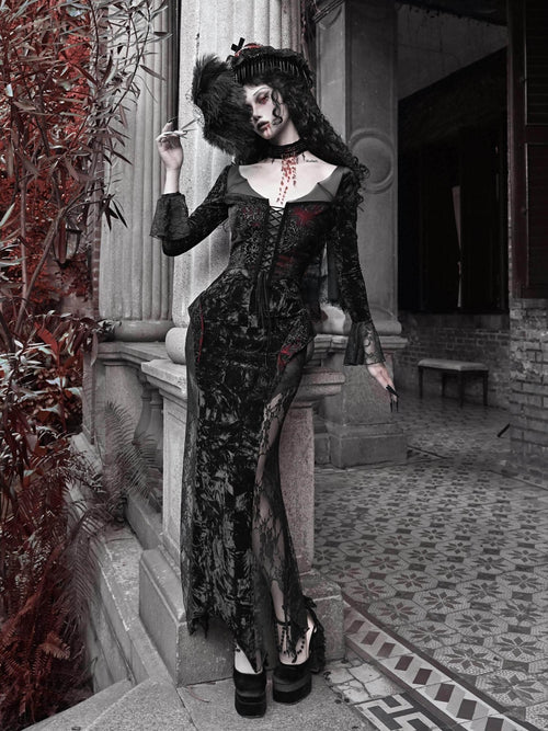 BLOOD SUPPLY Crimson Gothic Batwing Black Red Slim Shimmer Mermaid Women's Long Sleeve Op