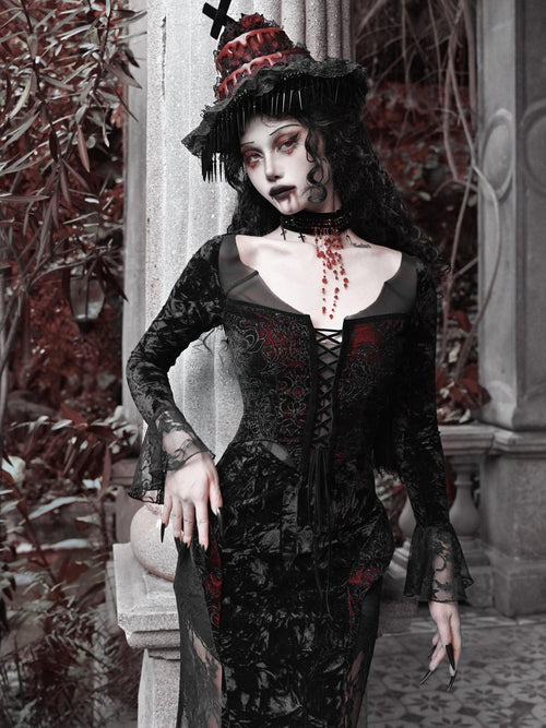 BLOOD SUPPLY Crimson Gothic Batwing Black Red Slim Shimmer Mermaid Women's Long Sleeve Op