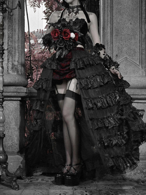 BLOOD SUPPLY Crimson Gothic Multi Layer Train Women's Polyester Mid Waist Skirts