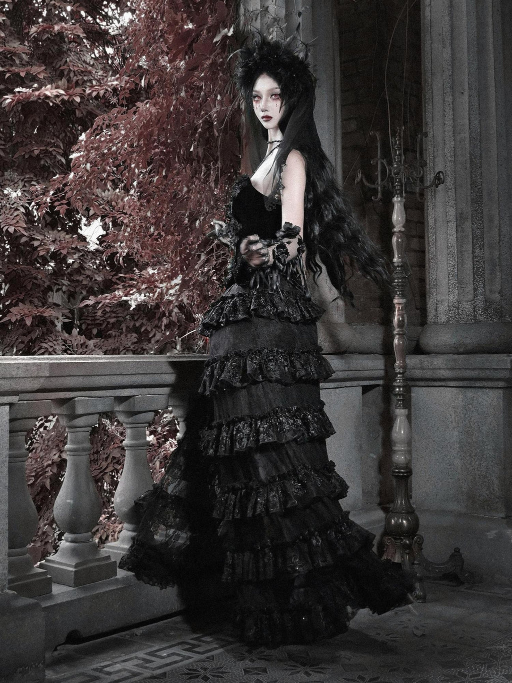 BLOOD SUPPLY Crimson Gothic Multi Layer Train Women's Polyester Mid Waist Skirts