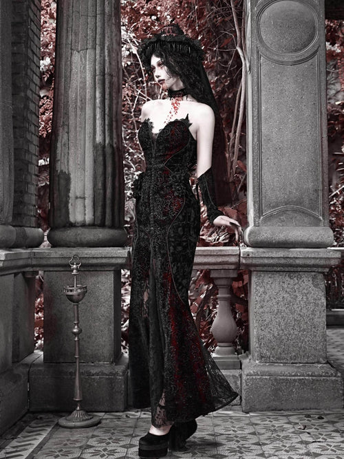 BLOOD SUPPLY Crimson Gothic Shimmering Heart Velvet Fishtail Women's Jsk / Jumper Skirts