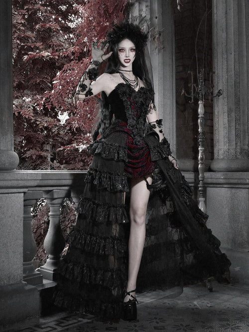 BLOOD SUPPLY Crimson Velvet Gothic V-neck Zipper Heart Details Women's Polyester Bustiers