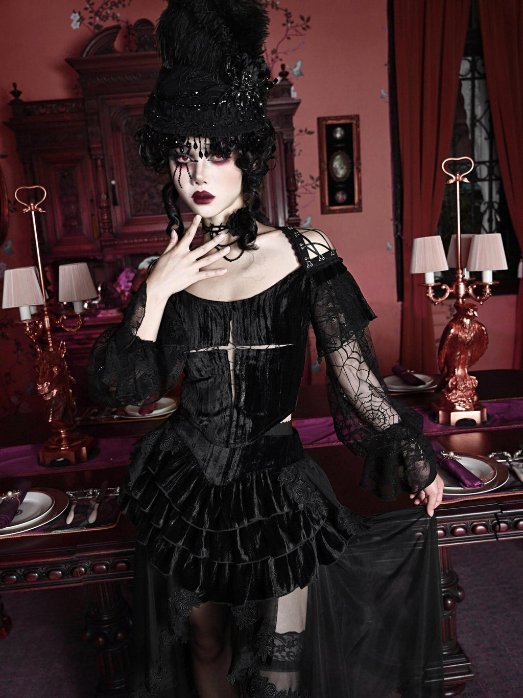BLOOD SUPPLY Crucifix Lace Lantern Sleeve Gothic Heavy Embellished Women's Velvet Corsets