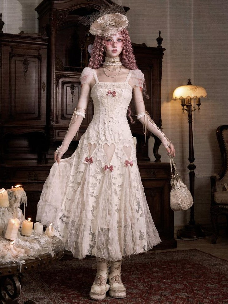 BLOOD SUPPLY Cutout Lace Heart Bow Spaghetti Strap Women's Cotton Jsk / Jumper Skirts