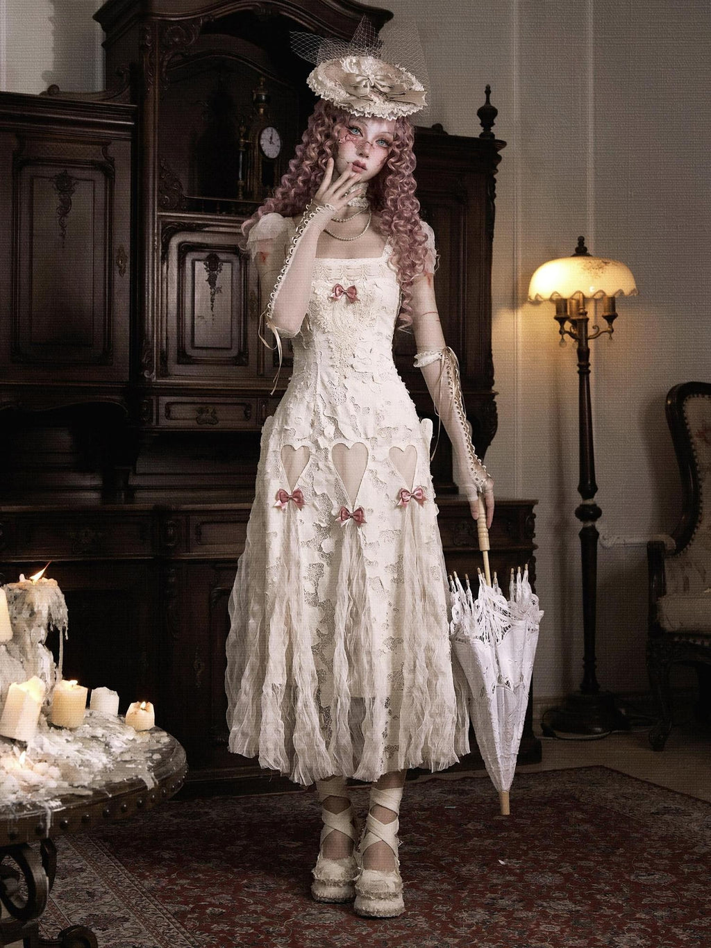 BLOOD SUPPLY Cutout Lace Heart Bow Spaghetti Strap Women's Cotton Jsk / Jumper Skirts