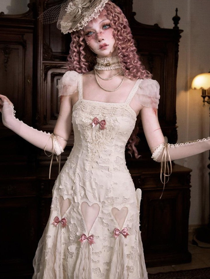 BLOOD SUPPLY Cutout Lace Heart Bow Spaghetti Strap Women's Cotton Jsk / Jumper Skirts