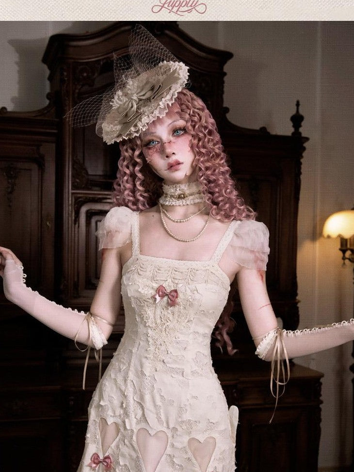 BLOOD SUPPLY Cutout Lace Heart Bow Spaghetti Strap Women's Cotton Jsk / Jumper Skirts