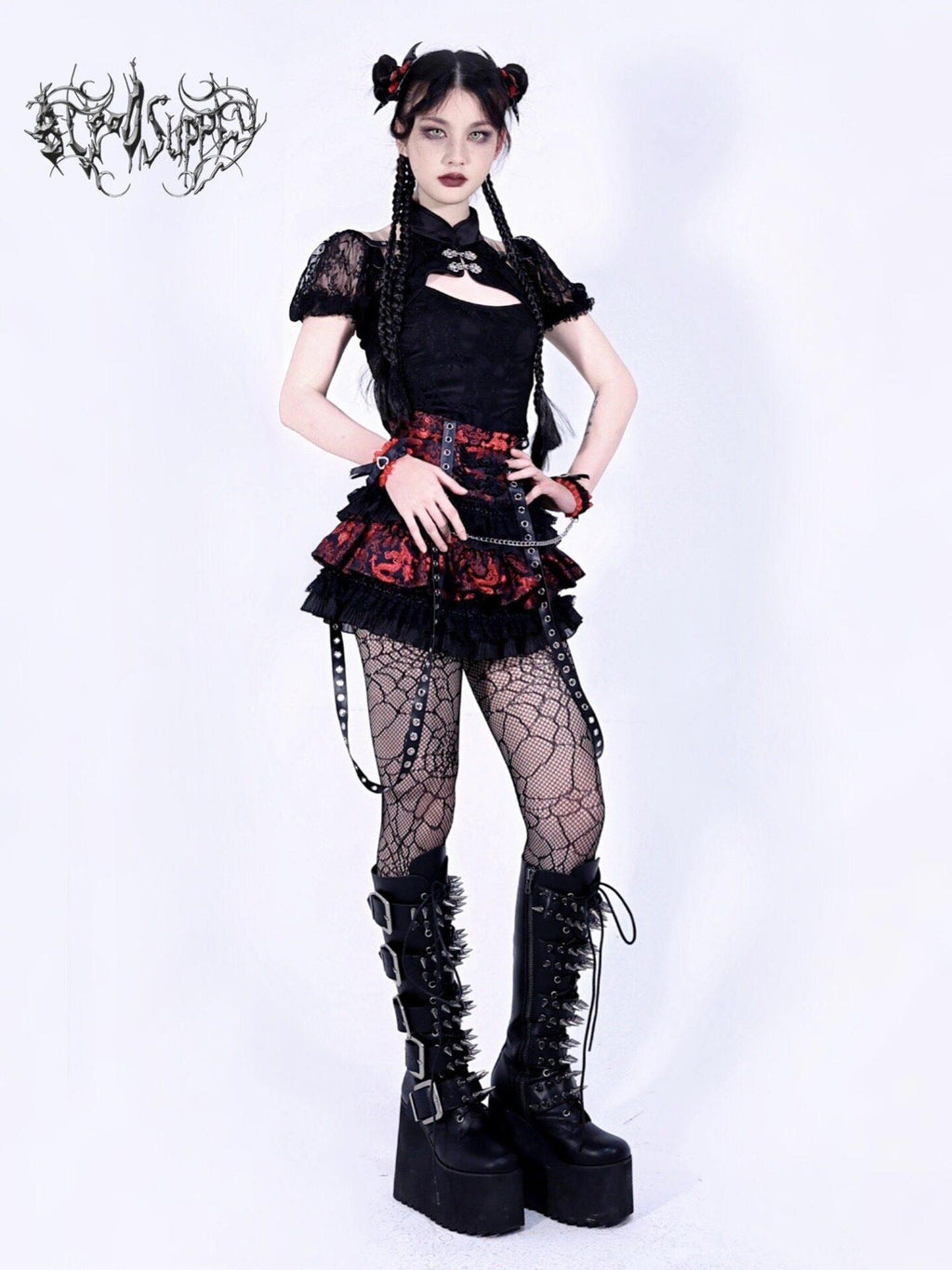 BLOOD SUPPLY Dark Lace Embroidered Ruched Puff Sleeve Women's Short Sleeve Cutsews