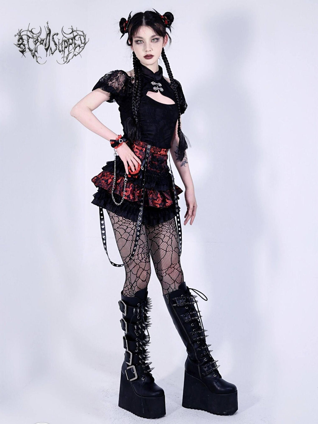 BLOOD SUPPLY Dark Lace Embroidered Ruched Puff Sleeve Women's Short Sleeve Cutsews