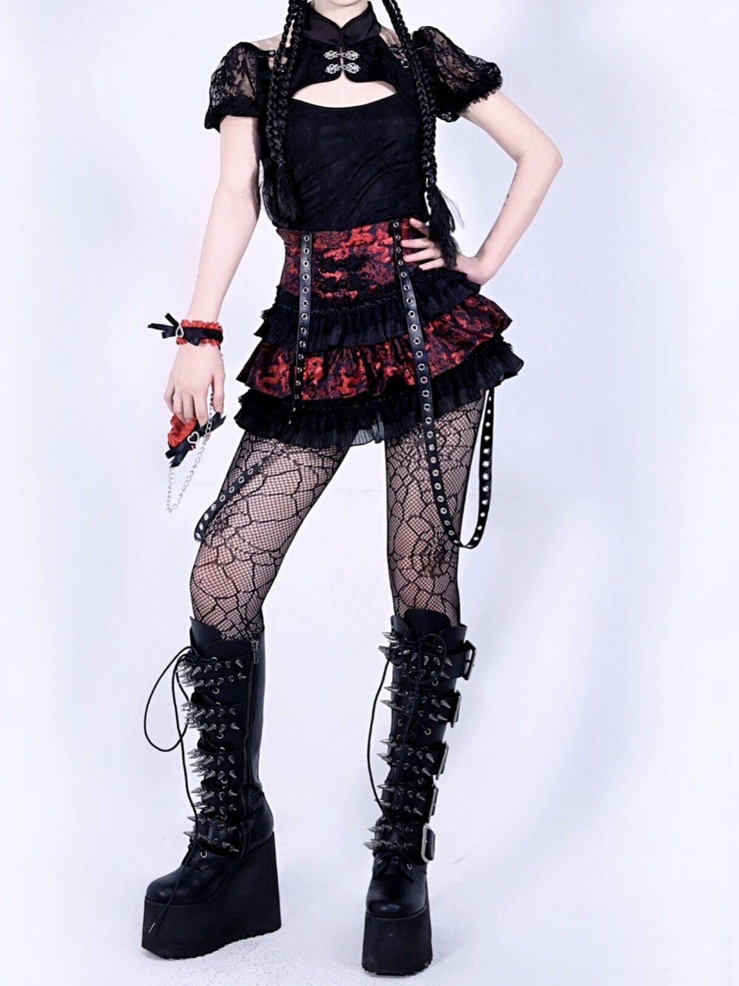 BLOOD SUPPLY Dark Lace Embroidered Ruched Puff Sleeve Women's Short Sleeve Cutsews