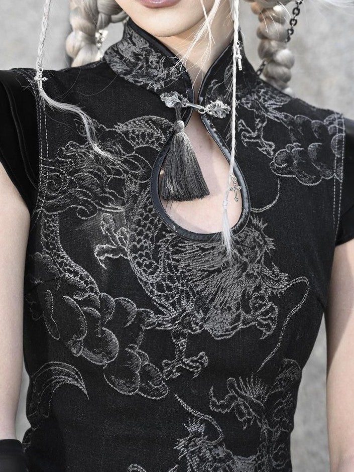 BLOOD SUPPLY Dragon Print Cutout Qipao Collar Waist Fitted Women's Denim Jsk / Jumper Skirts