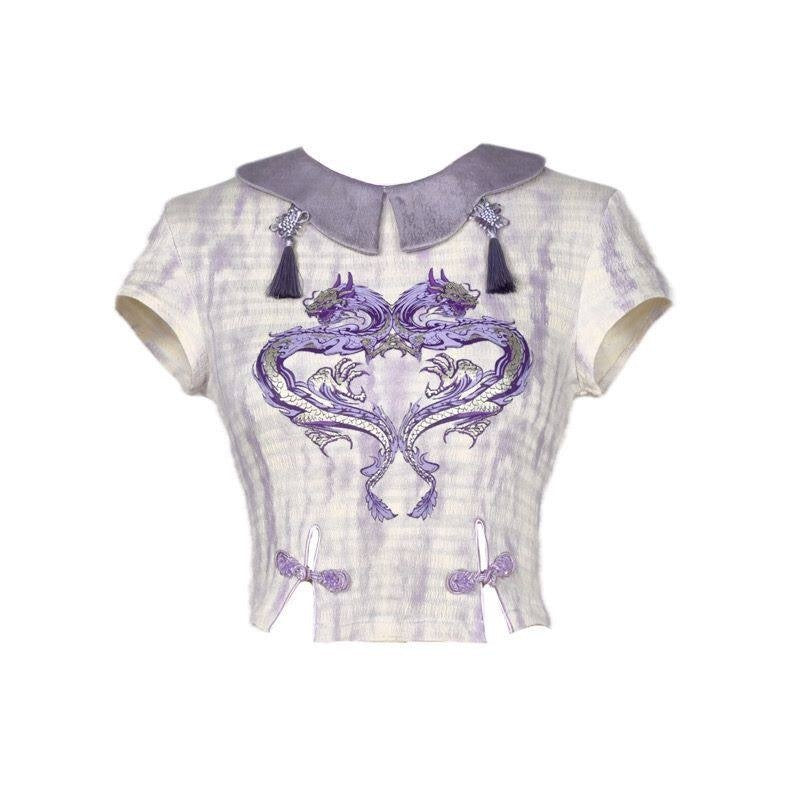 BLOOD_SUPPLY_Dragon_Print_Knit_Stretch_Women's_Polyester_Short_Sleeve_Cutsews_795707687236_MISSTT