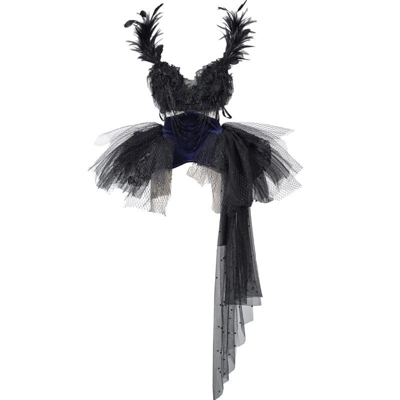 BLOOD_SUPPLY_Embroidered_Sparkle_Black_Feather_Removable_Train_Women's_Jsk_/_Jumper_Skirts_971507262337_MISSTT