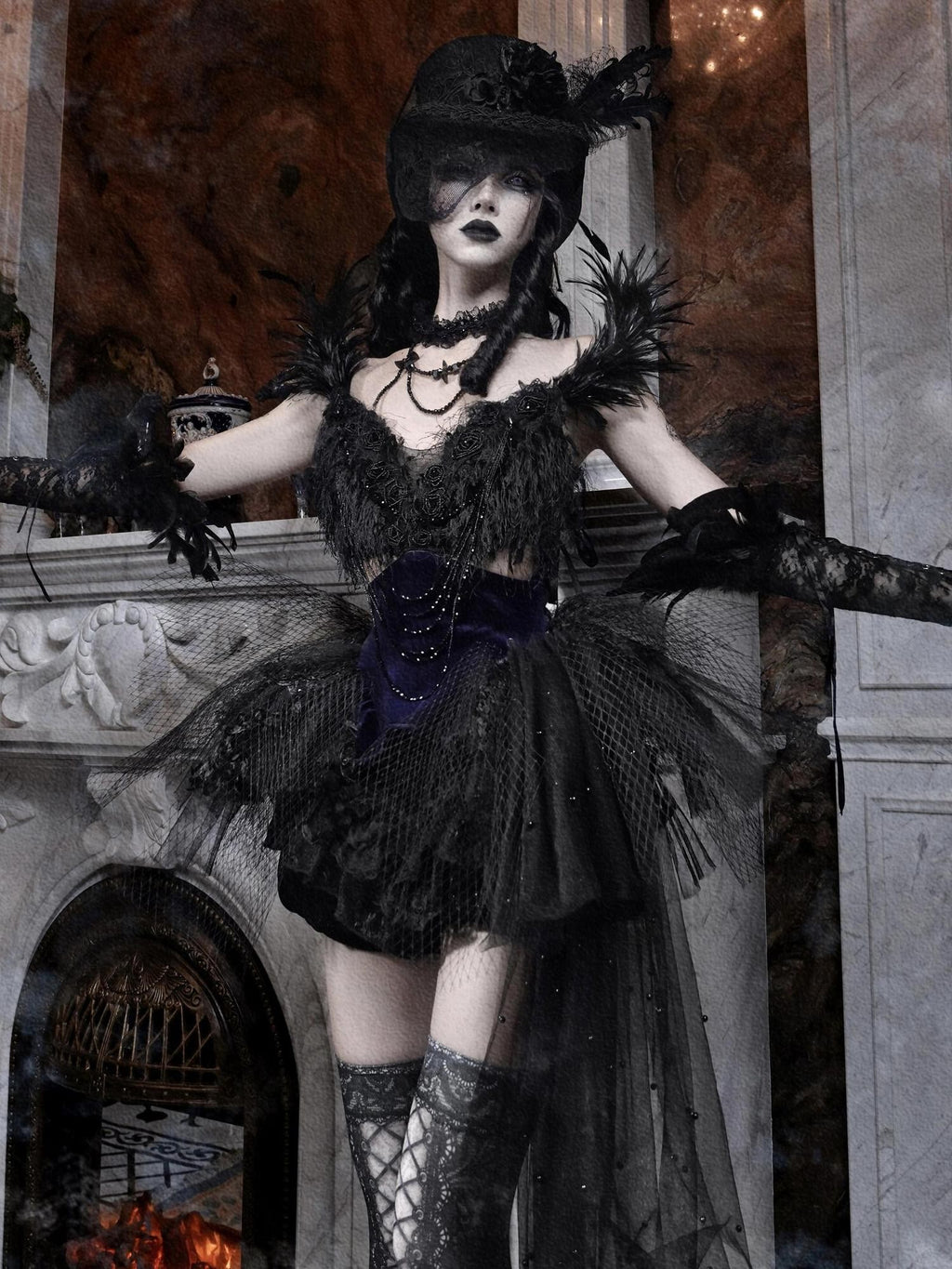 BLOOD SUPPLY Embroidered Sparkle Black Feather Removable Train Women's Jsk / Jumper Skirts