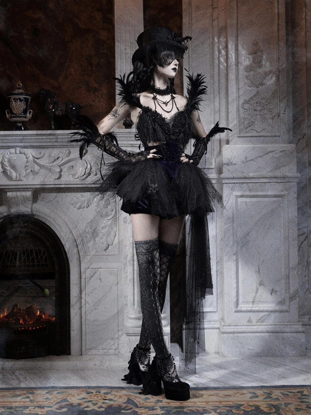 BLOOD SUPPLY Embroidered Sparkle Black Feather Removable Train Women's Jsk / Jumper Skirts