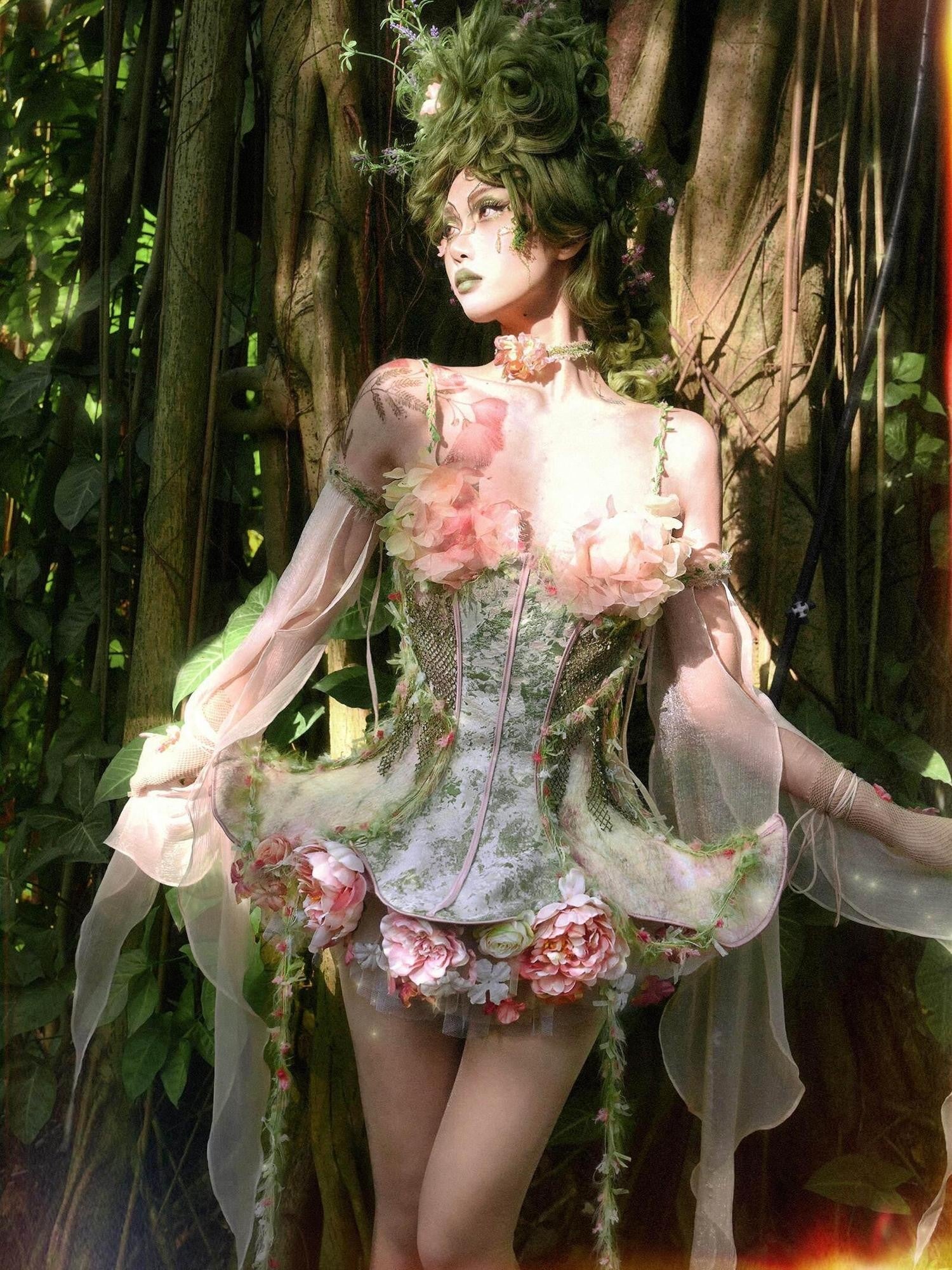 BLOOD SUPPLY Ethereal Forest Floral Fishbone Boned Strappy Slim Women's Polyester Bustiers
