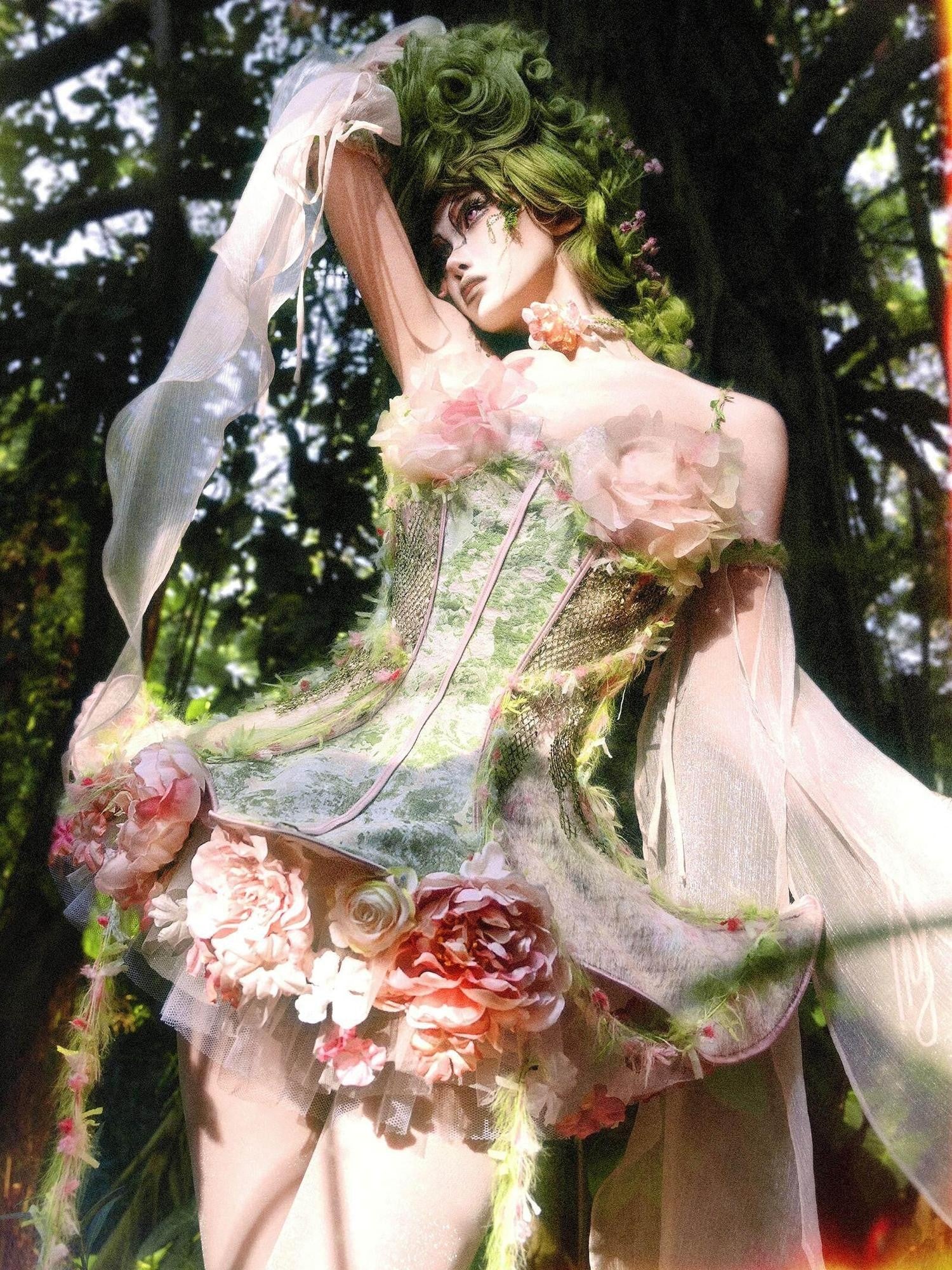 BLOOD SUPPLY Ethereal Forest Floral Fishbone Boned Strappy Slim Women's Polyester Bustiers