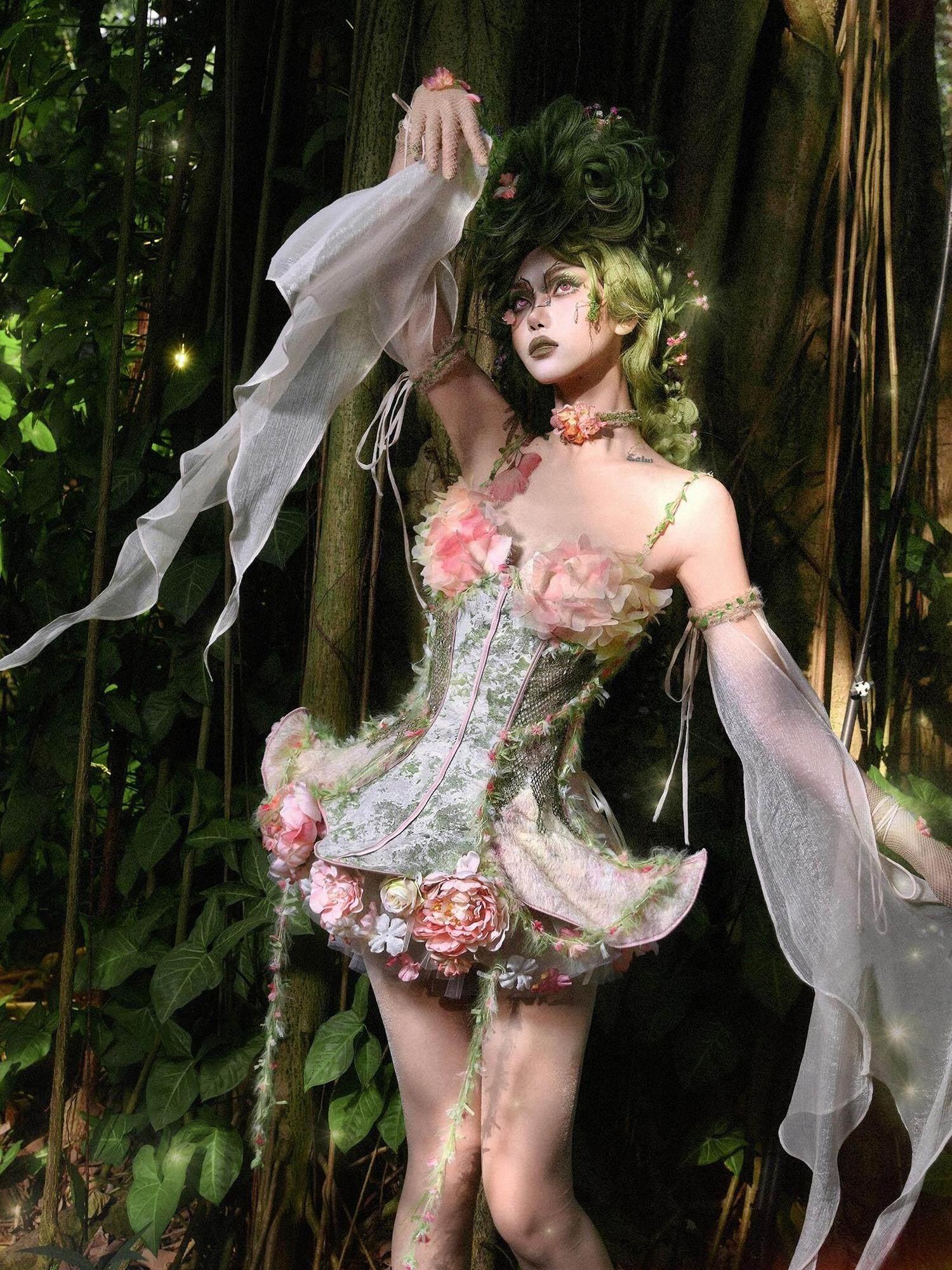 BLOOD SUPPLY Ethereal Forest Floral Fishbone Boned Strappy Slim Women's Polyester Bustiers