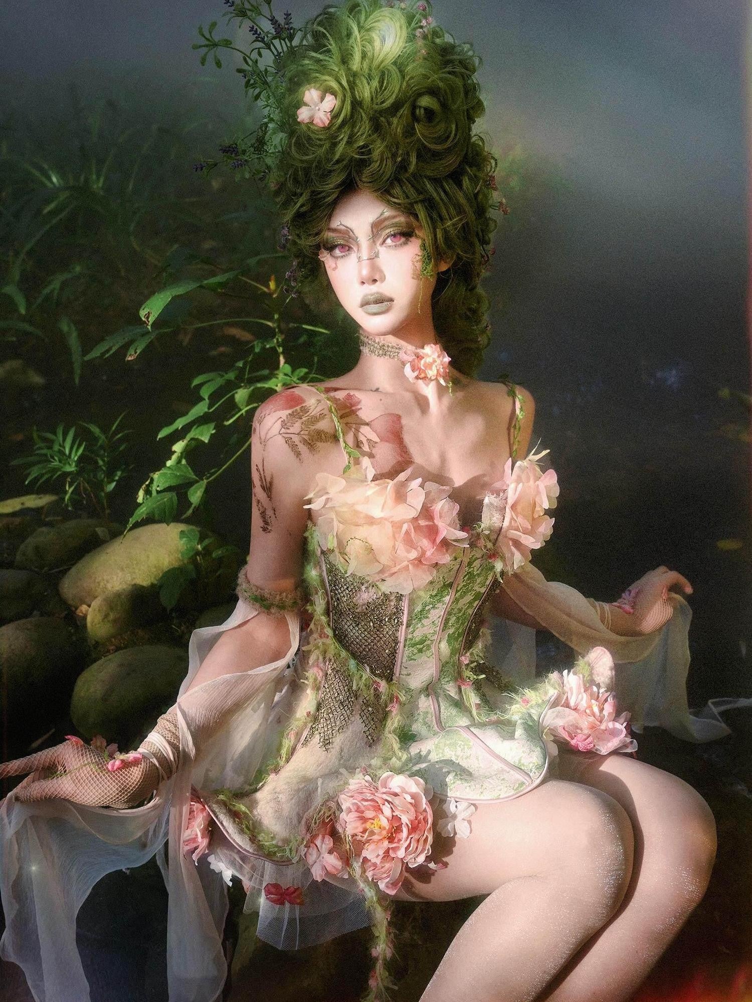 BLOOD SUPPLY Ethereal Forest Floral Fishbone Boned Strappy Slim Women's Polyester Bustiers