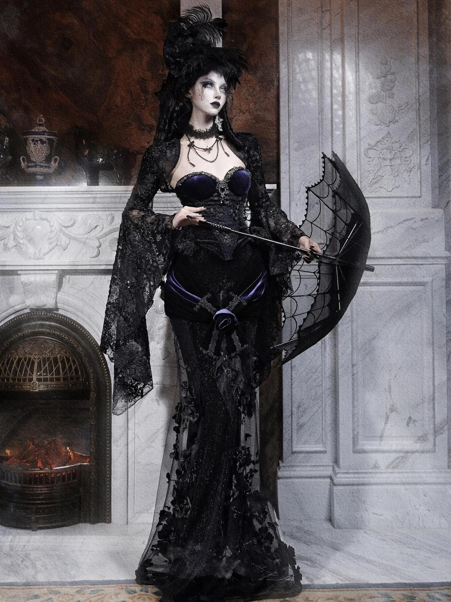 BLOOD SUPPLY Feathered High Top Embellished Gothic Veiled Women's Polyester Full Bonnets