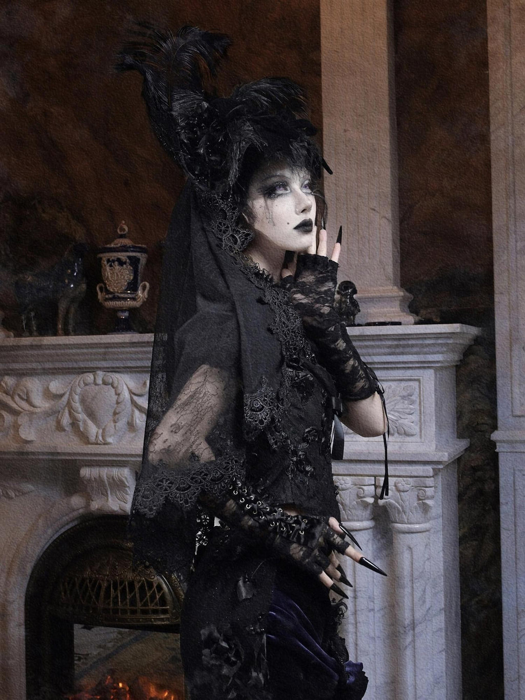 BLOOD SUPPLY Feathered High Top Embellished Gothic Veiled Women's Polyester Full Bonnets