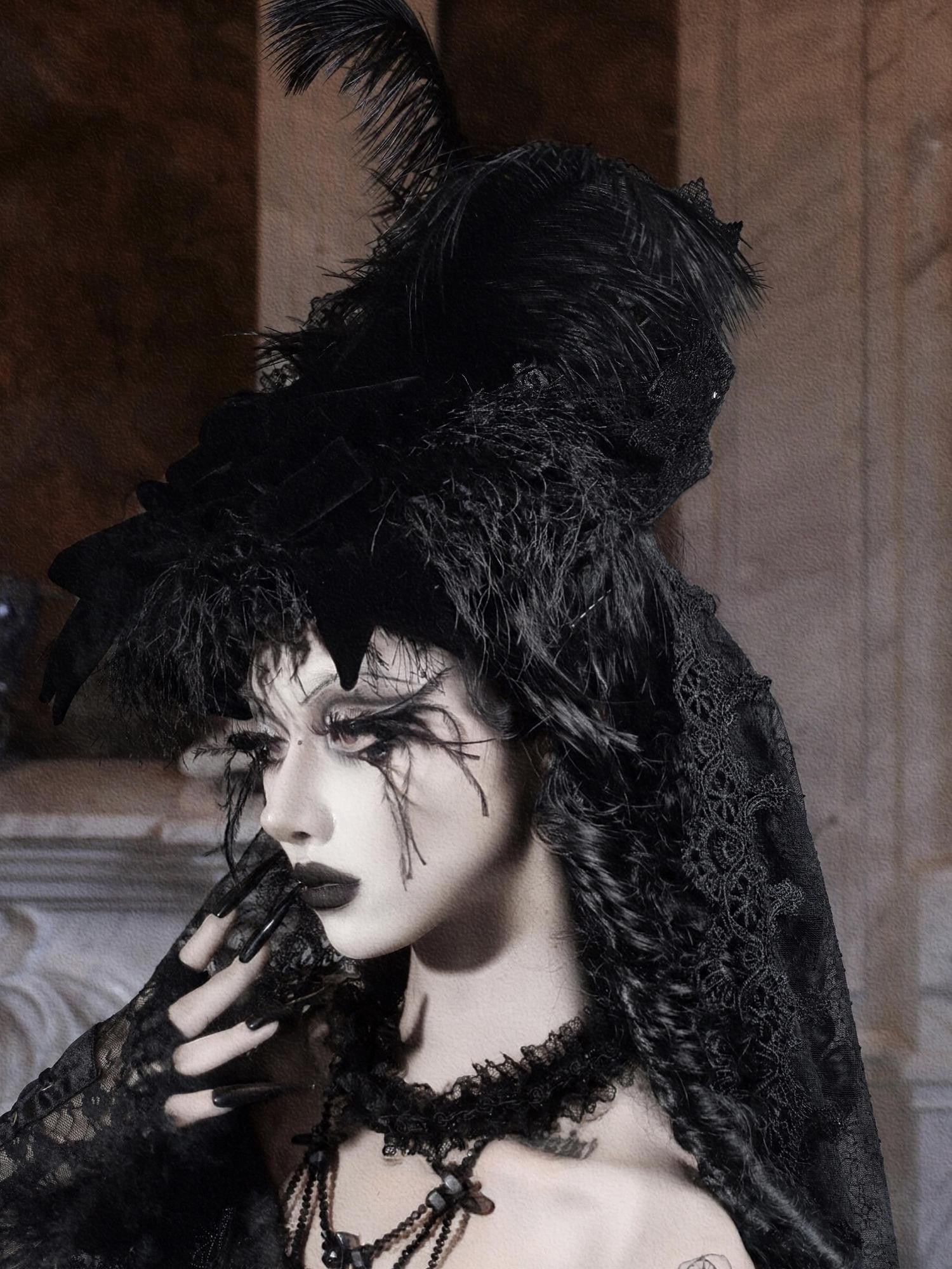 BLOOD SUPPLY Feathered High Top Embellished Gothic Veiled Women's Polyester Full Bonnets