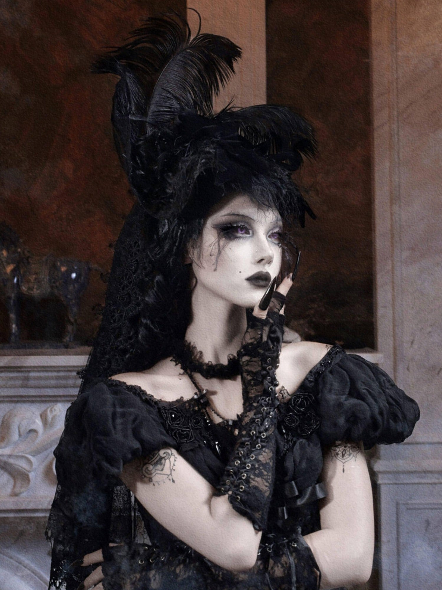 BLOOD SUPPLY Feathered High Top Embellished Gothic Veiled Women's Polyester Full Bonnets