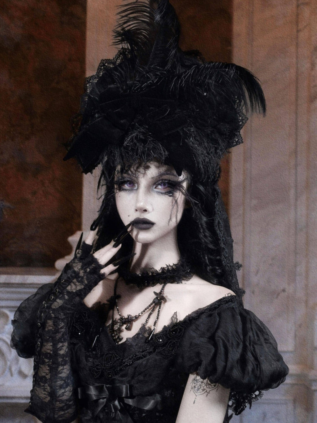 BLOOD SUPPLY Feathered High Top Embellished Gothic Veiled Women's Polyester Full Bonnets