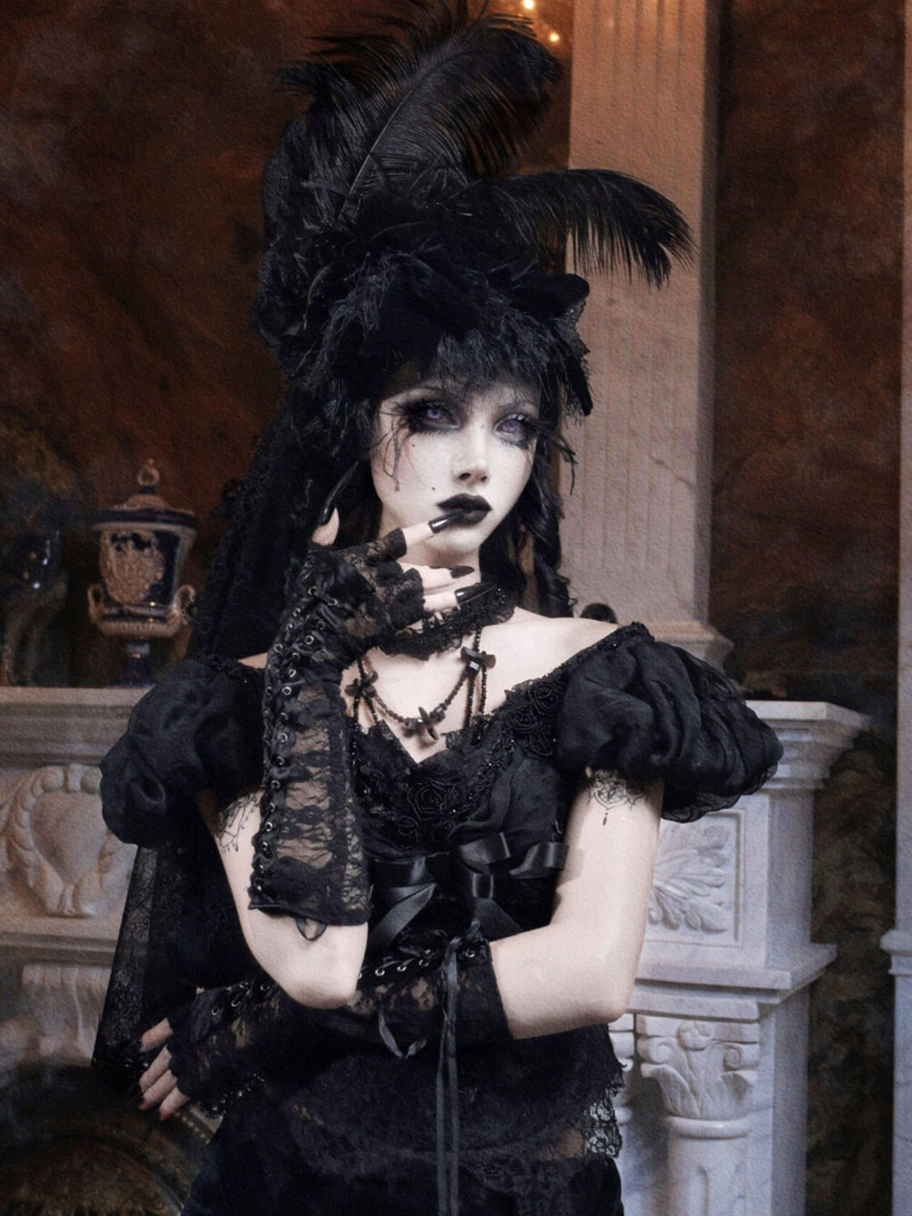 BLOOD SUPPLY Feathered High Top Embellished Gothic Veiled Women's Polyester Full Bonnets