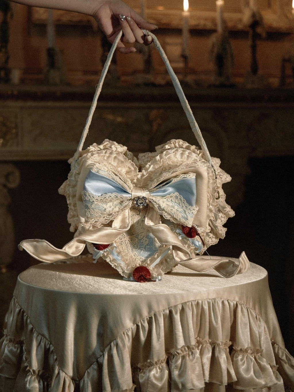 BLOOD SUPPLY French Rococo Cherry Twin Mousse Heart Cake Top Handle Women's Handbags