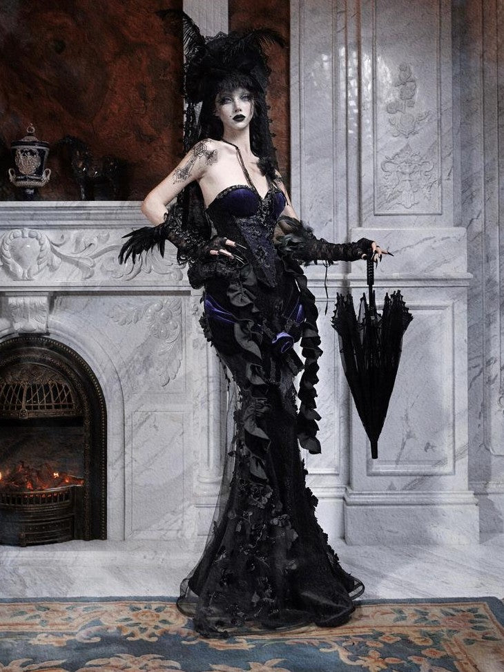 BLOOD SUPPLY Gothic Beaded Embroidery Mermaid Fishtail Women's Polyester Skirts