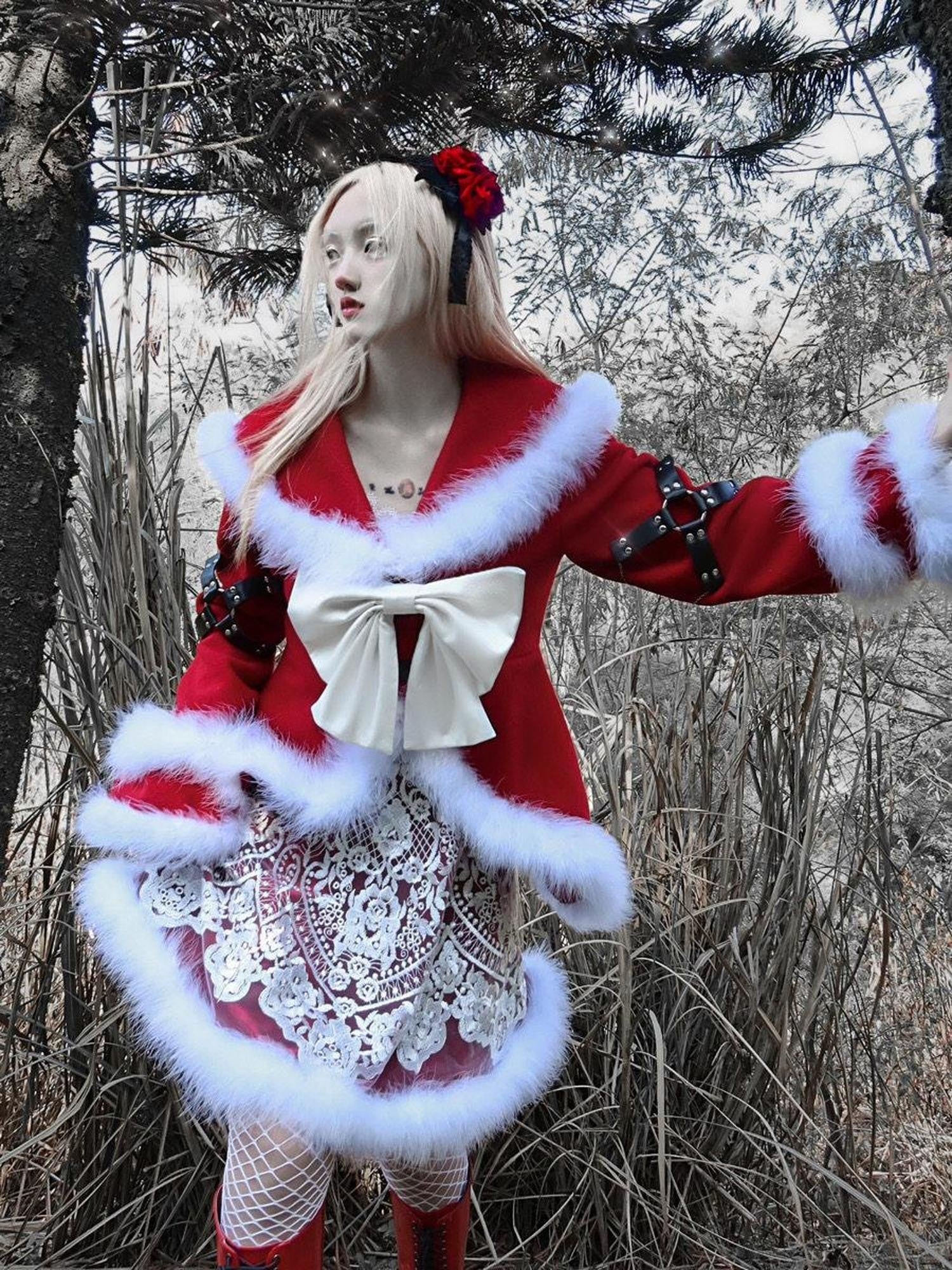 BLOOD SUPPLY Gothic Bowknot Women's Pu Plush Woolen Improved Faux Fur Trim Coats